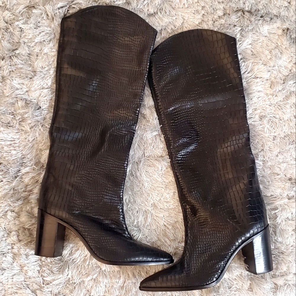 SCHUTZ Black Croc-Embossed Heeled Boots